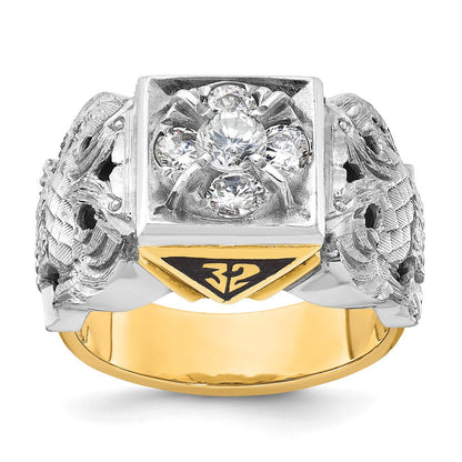 14K Bicolor-Gold Herrenring, poliert und texturiert, mit schwarzer Emaille und Diamant, Freimaurer-Ring des Schottischen Ritus, 32. Grad