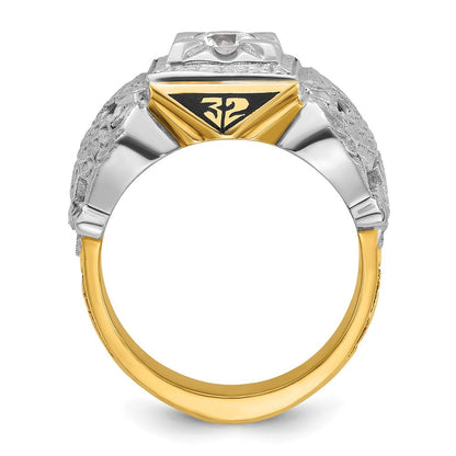 14K Bicolor-Gold Herren-Siegelring des 32. Grades des Schottischen Ritus der Freimaurer, poliert und texturiert, mit schwarzem Emaille und Diamant