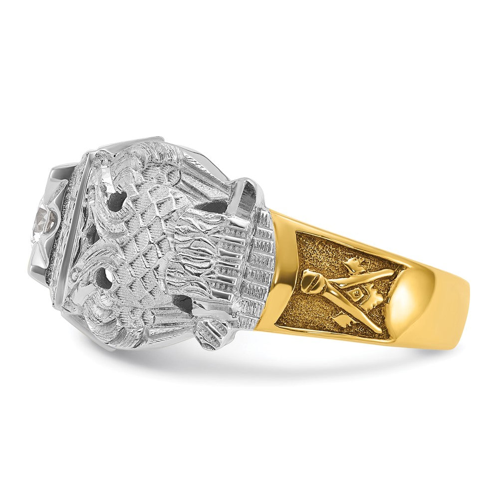 14K Bicolor-Gold Herren-Siegelring des 32. Grades des Schottischen Ritus der Freimaurer, poliert und texturiert, mit schwarzem Emaille und Diamant