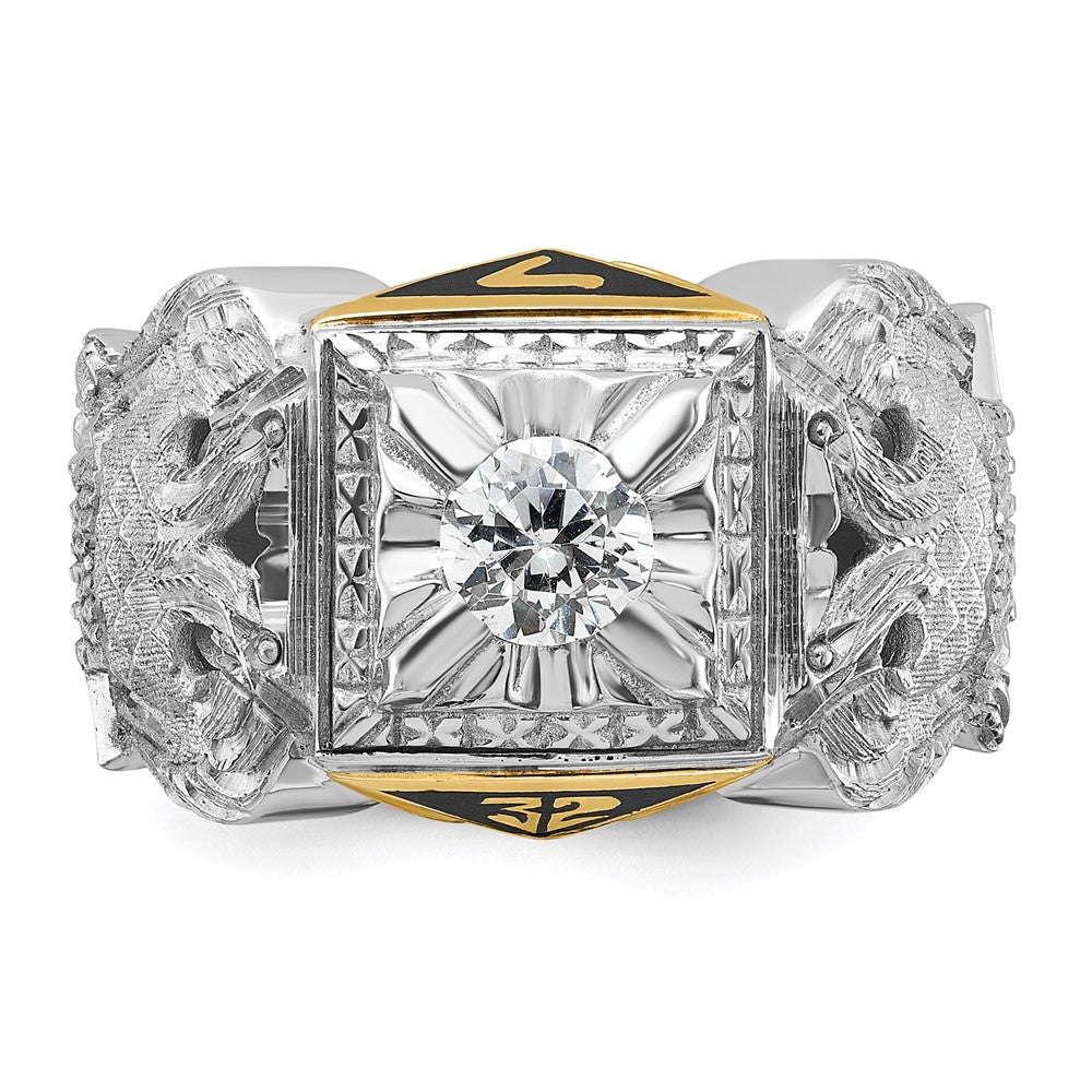 14K Bicolor-Gold Herren-Siegelring des 32. Grades des Schottischen Ritus der Freimaurer, poliert und texturiert, mit schwarzem Emaille und Diamant