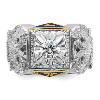 14K Bicolor-Gold Herren-Siegelring des 32. Grades des Schottischen Ritus der Freimaurer, poliert und texturiert, mit schwarzem Emaille und Diamant