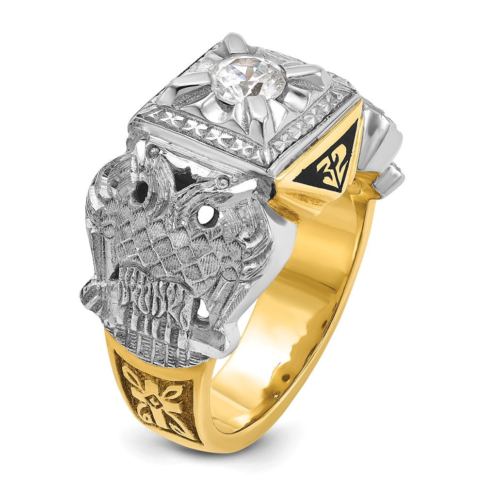 14K Bicolor-Gold Herren-Siegelring des 32. Grades des Schottischen Ritus der Freimaurer, poliert und texturiert, mit schwarzem Emaille und Diamant