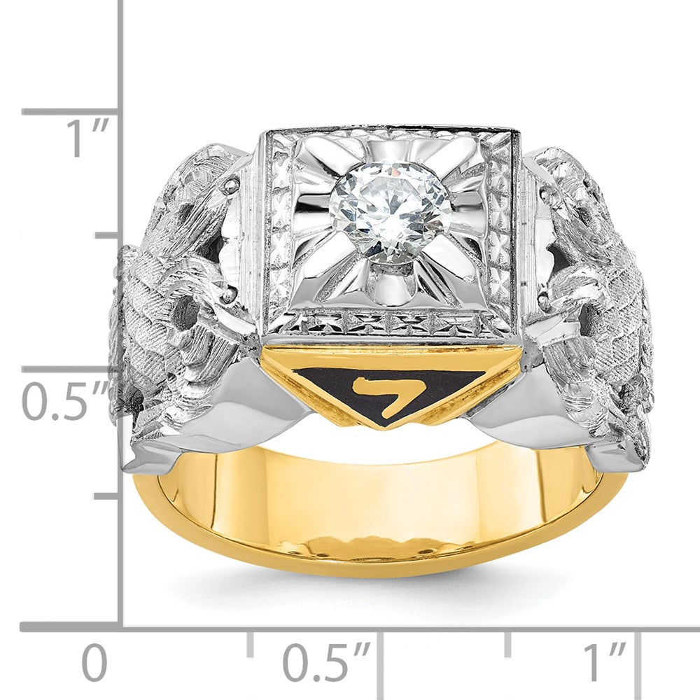 14K Bicolor-Gold Herren-Siegelring des 32. Grades des Schottischen Ritus der Freimaurer, poliert und texturiert, mit schwarzem Emaille und Diamant