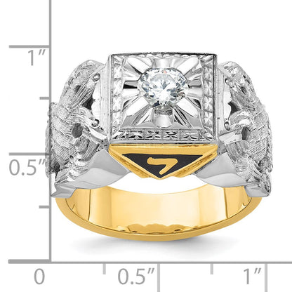 14K Bicolor-Gold Herren-Siegelring des 32. Grades des Schottischen Ritus der Freimaurer, poliert und texturiert, mit schwarzem Emaille und Diamant