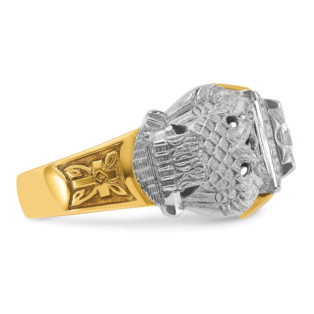 14K Bicolor-Gold Herren-Siegelring des 32. Grades des Schottischen Ritus der Freimaurer, poliert und texturiert, mit schwarzem Emaille und Diamant