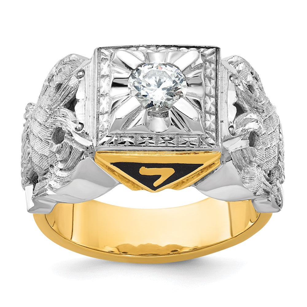 14K Bicolor-Gold Herren-Siegelring des 32. Grades des Schottischen Ritus der Freimaurer, poliert und texturiert, mit schwarzem Emaille und Diamant