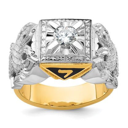 14K Bicolor-Gold Herren-Siegelring des 32. Grades des Schottischen Ritus der Freimaurer, poliert und texturiert, mit schwarzem Emaille und Diamant