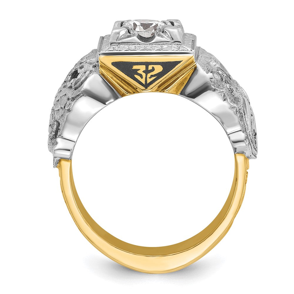 14K Herrenring aus Zweifarbigem Gold, poliert und texturiert, mit schwarzer Emaille und Diamant, Doppeladler Freimaurer-Shriner-Ring