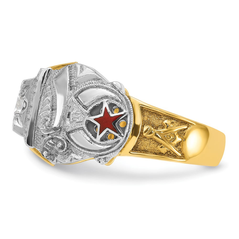 14K Herrenring aus Zweifarbigem Gold, poliert und texturiert, mit schwarzer Emaille und Diamant, Doppeladler Freimaurer-Shriner-Ring