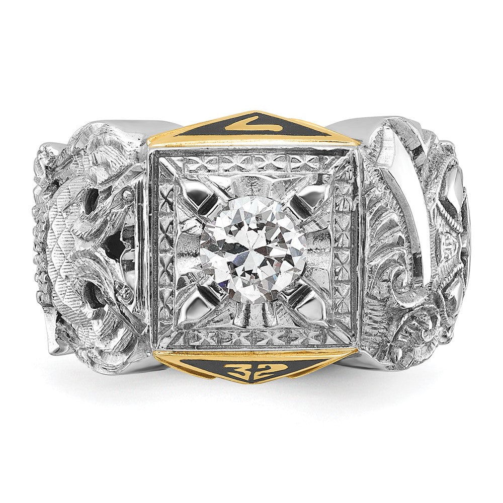 14K Herrenring aus Zweifarbigem Gold, poliert und texturiert, mit schwarzer Emaille und Diamant, Doppeladler Freimaurer-Shriner-Ring