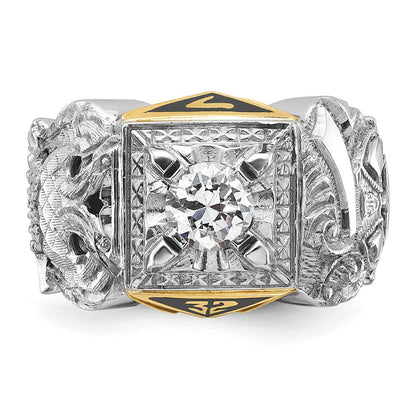 14K Herrenring aus Zweifarbigem Gold, poliert und texturiert, mit schwarzer Emaille und Diamant, Doppeladler Freimaurer-Shriner-Ring