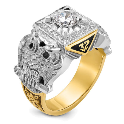 14K Herrenring aus Zweifarbigem Gold, poliert und texturiert, mit schwarzer Emaille und Diamant, Doppeladler Freimaurer-Shriner-Ring