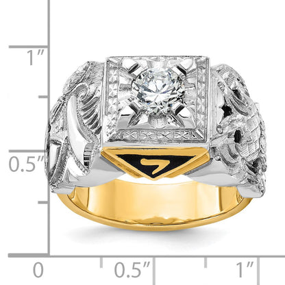 14K Herrenring aus Zweifarbigem Gold, poliert und texturiert, mit schwarzer Emaille und Diamant, Doppeladler Freimaurer-Shriner-Ring