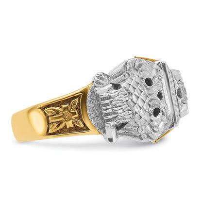 14K Herrenring aus Zweifarbigem Gold, poliert und texturiert, mit schwarzer Emaille und Diamant, Doppeladler Freimaurer-Shriner-Ring