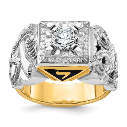 14K Herrenring aus Zweifarbigem Gold, poliert und texturiert, mit schwarzer Emaille und Diamant, Doppeladler Freimaurer-Shriner-Ring
