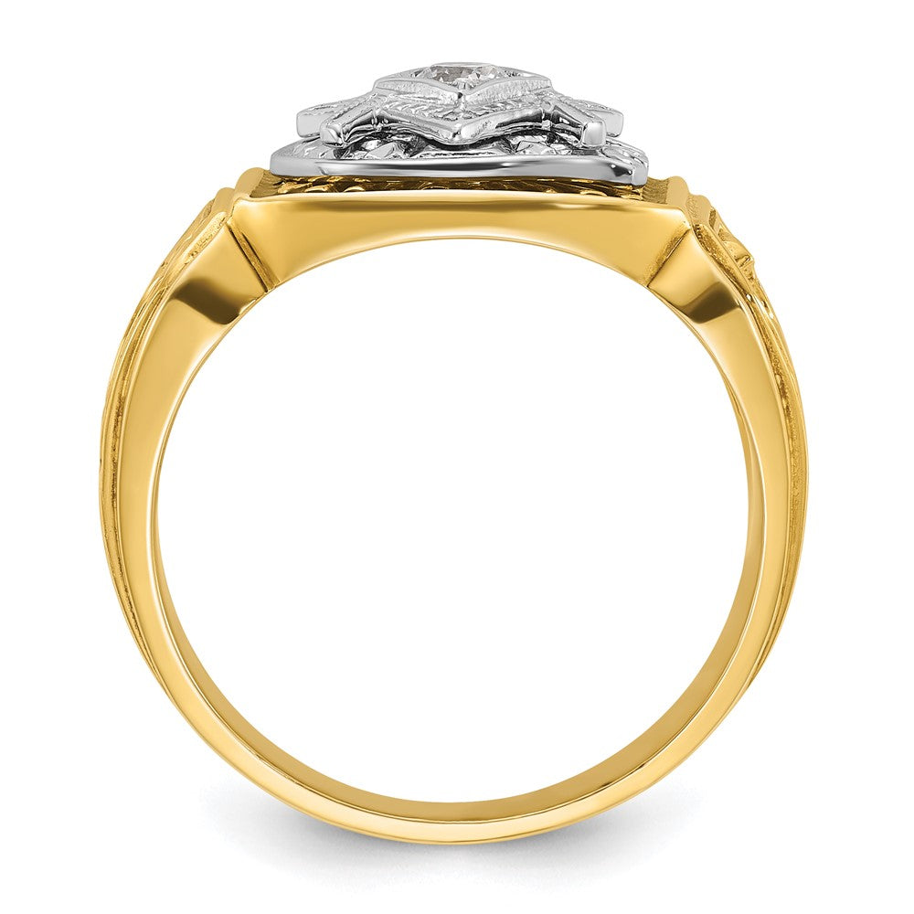 14K Bicolor-Gold Herrenring, poliert und texturiert, mit blauer und schwarzer Emaille und Diamant, Blue Lodge Master Freimaurer-Siegelring