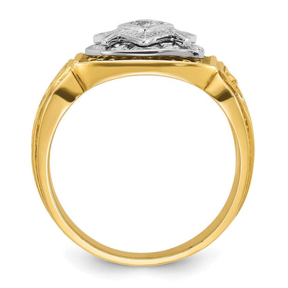 14K Bicolor-Gold Herrenring, poliert und texturiert, mit blauer und schwarzer Emaille und Diamant, Blue Lodge Master Freimaurer-Siegelring