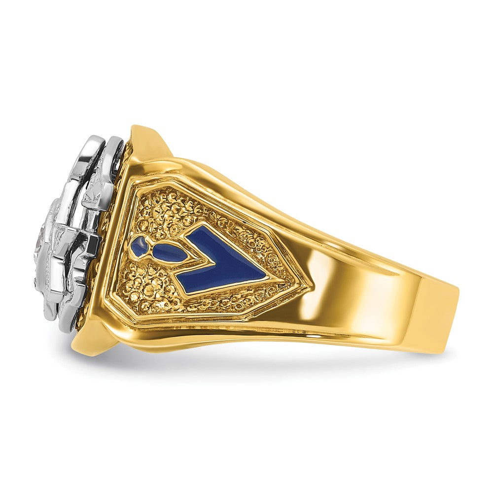 14K Bicolor-Gold Herrenring, poliert und texturiert, mit blauer und schwarzer Emaille und Diamant, Blue Lodge Master Freimaurer-Siegelring