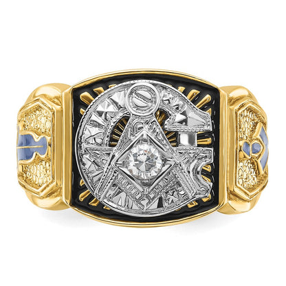 14K Bicolor-Gold Herrenring, poliert und texturiert, mit blauer und schwarzer Emaille und Diamant, Blue Lodge Master Freimaurer-Siegelring