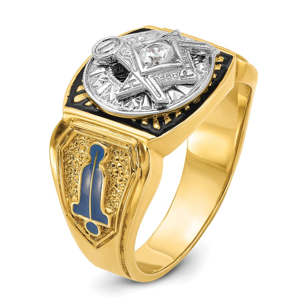 14K Bicolor-Gold Herrenring, poliert und texturiert, mit blauer und schwarzer Emaille und Diamant, Blue Lodge Master Freimaurer-Siegelring