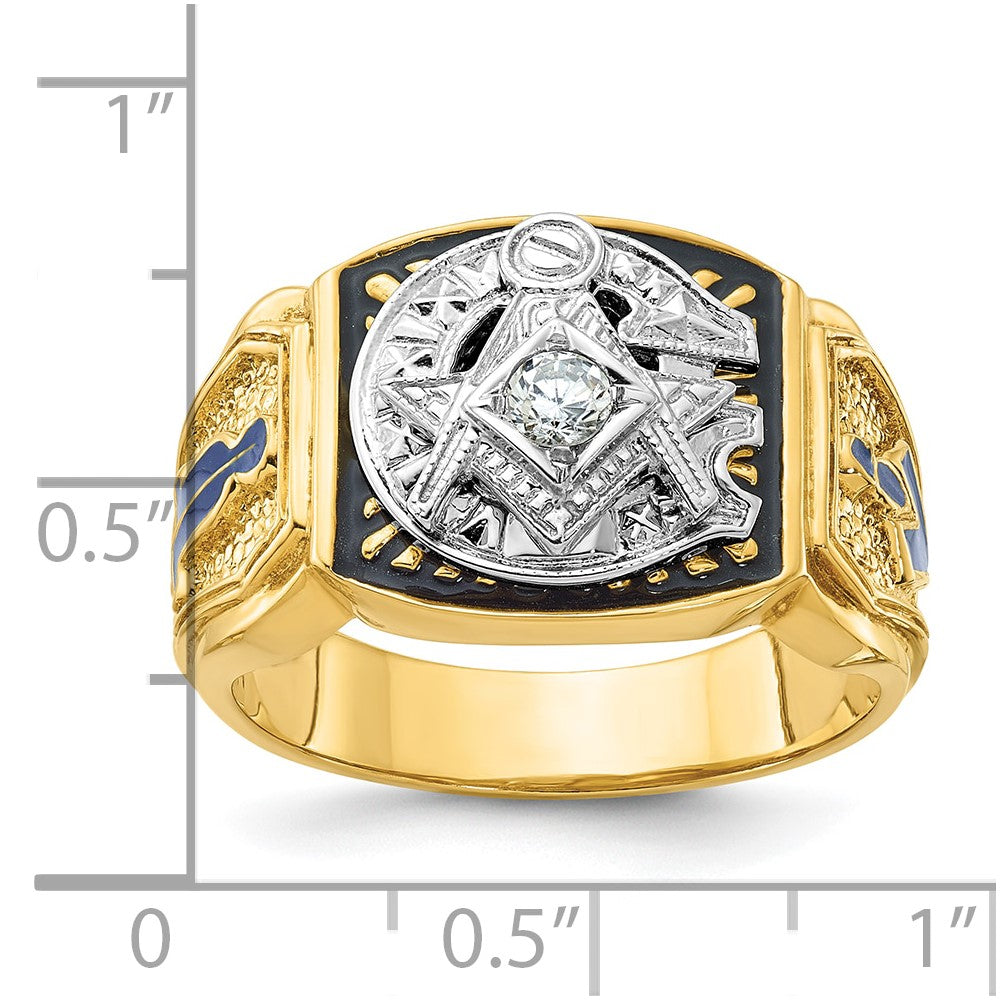 14K Bicolor-Gold Herrenring, poliert und texturiert, mit blauer und schwarzer Emaille und Diamant, Blue Lodge Master Freimaurer-Siegelring