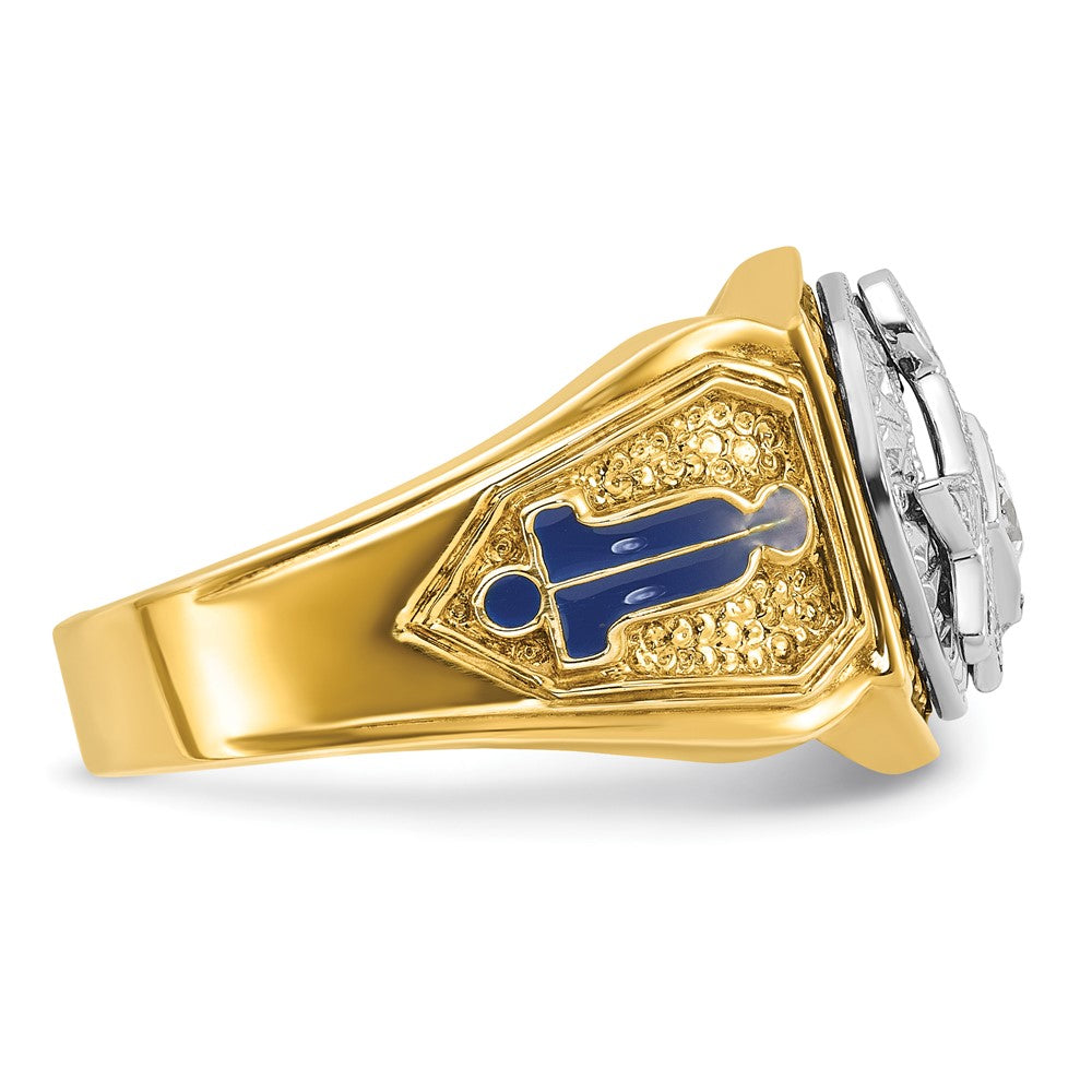 14K Bicolor-Gold Herrenring, poliert und texturiert, mit blauer und schwarzer Emaille und Diamant, Blue Lodge Master Freimaurer-Siegelring