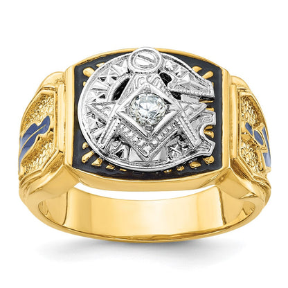 14K Bicolor-Gold Herrenring, poliert und texturiert, mit blauer und schwarzer Emaille und Diamant, Blue Lodge Master Freimaurer-Siegelring
