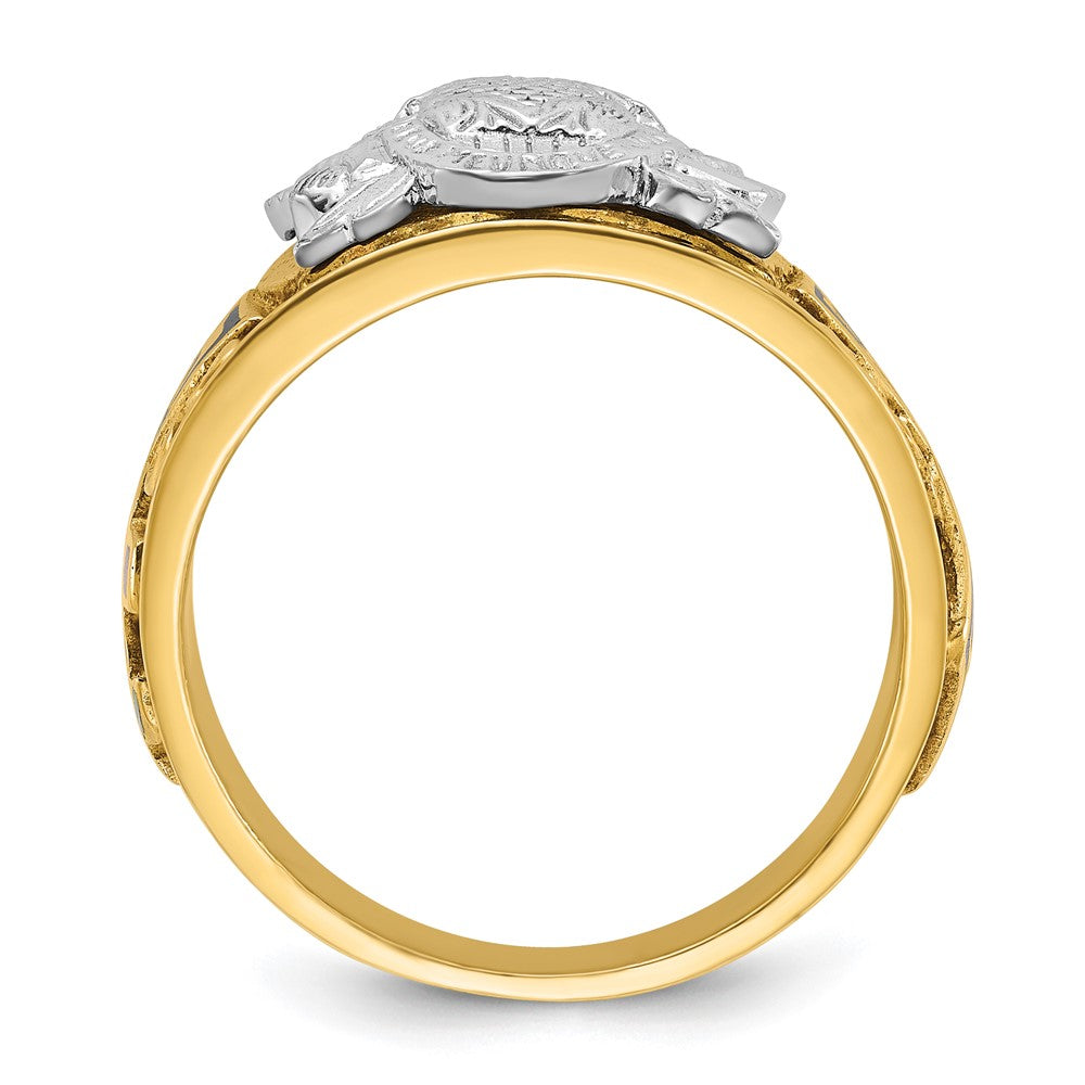 14K Bicolor-Gold Herren-Freimaurer-Siegelring, poliert und texturiert, mit mehrfarbiger Emaille, aktiver 33. Grad