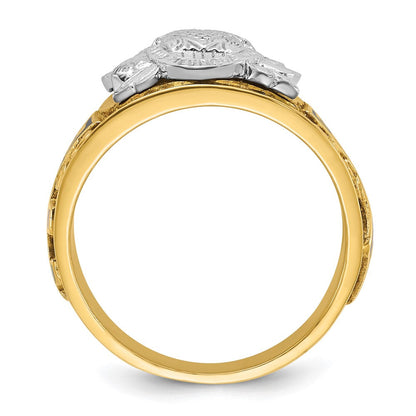 14K Bicolor-Gold Herren-Freimaurer-Siegelring, poliert und texturiert, mit mehrfarbiger Emaille, aktiver 33. Grad