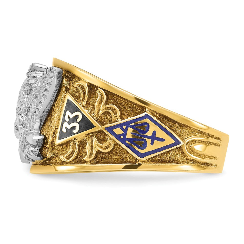 14K Bicolor-Gold Herren-Freimaurer-Siegelring, poliert und texturiert, mit mehrfarbiger Emaille, aktiver 33. Grad