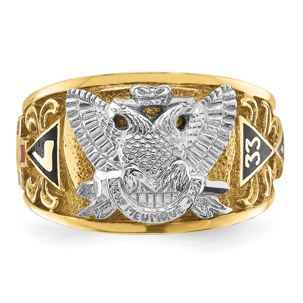 14K Bicolor-Gold Herren-Freimaurer-Siegelring, poliert und texturiert, mit mehrfarbiger Emaille, aktiver 33. Grad