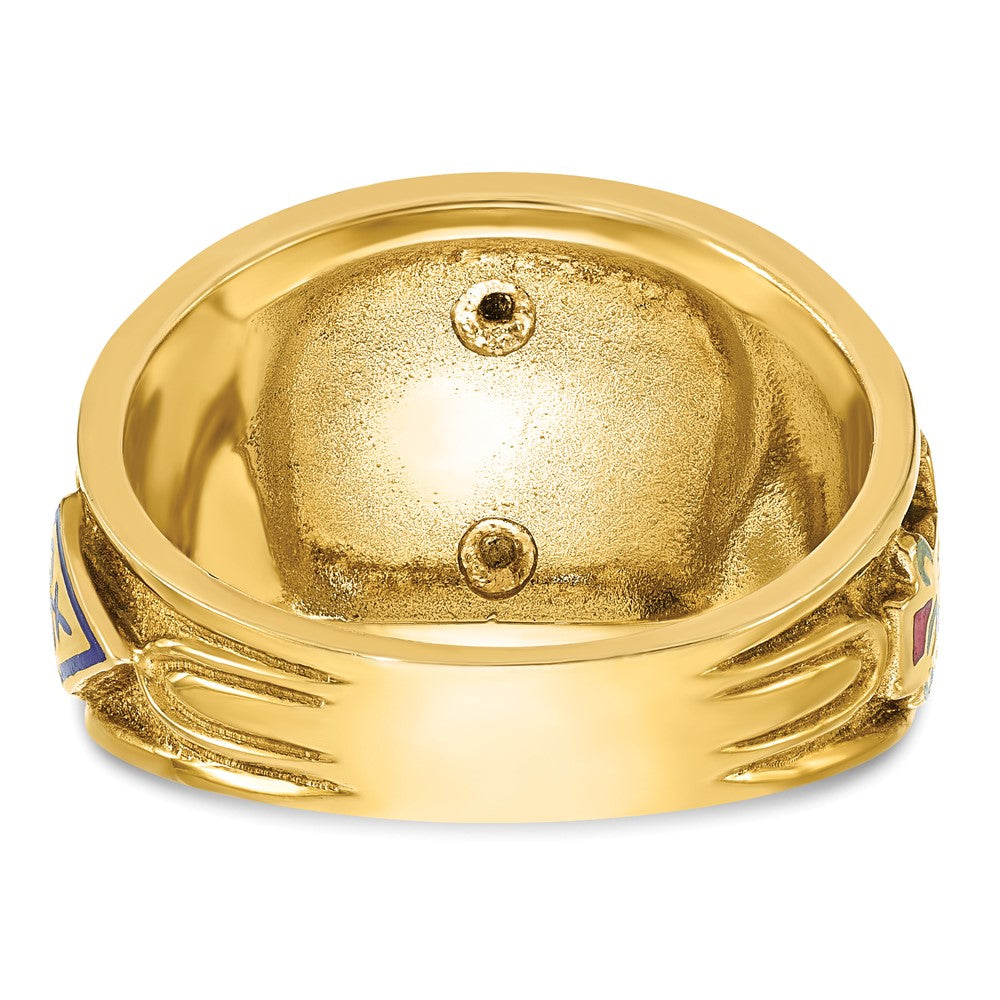 14K Bicolor-Gold Herren-Freimaurer-Siegelring, poliert und texturiert, mit mehrfarbiger Emaille, aktiver 33. Grad