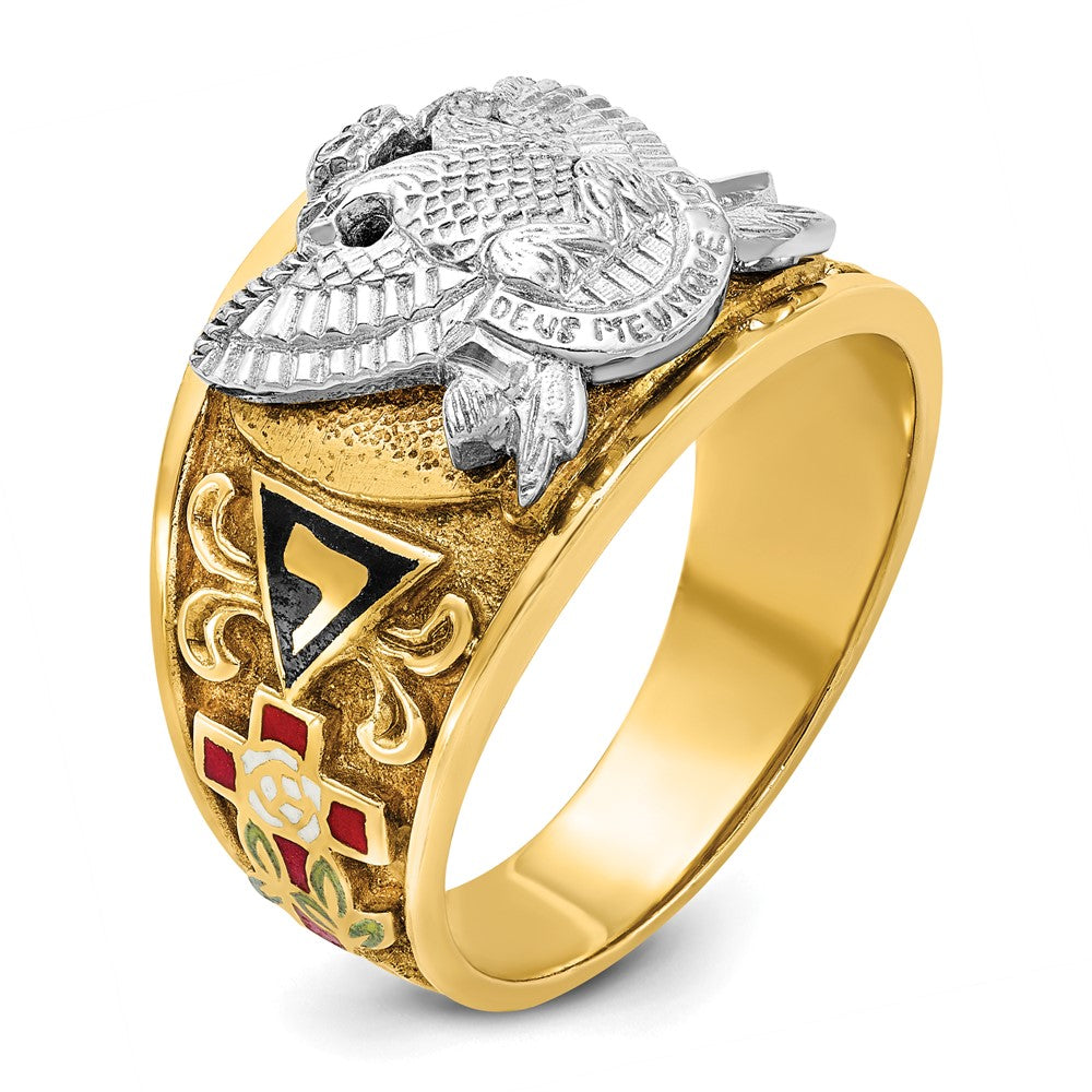 14K Bicolor-Gold Herren-Freimaurer-Siegelring, poliert und texturiert, mit mehrfarbiger Emaille, aktiver 33. Grad
