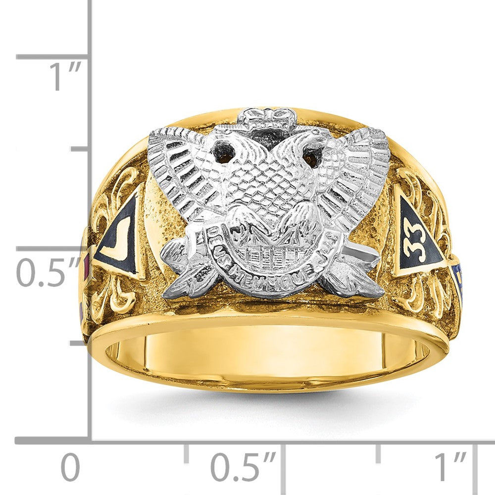 14K Bicolor-Gold Herren-Freimaurer-Siegelring, poliert und texturiert, mit mehrfarbiger Emaille, aktiver 33. Grad