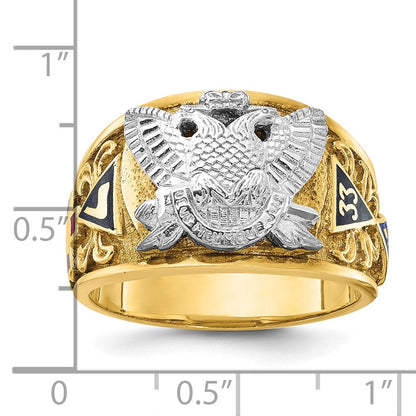 14K Bicolor-Gold Herren-Freimaurer-Siegelring, poliert und texturiert, mit mehrfarbiger Emaille, aktiver 33. Grad