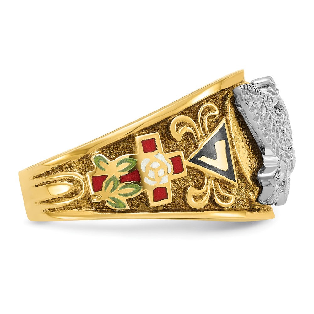 14K Bicolor-Gold Herren-Freimaurer-Siegelring, poliert und texturiert, mit mehrfarbiger Emaille, aktiver 33. Grad