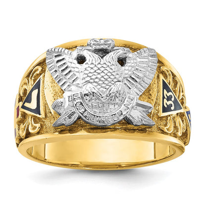 14K Bicolor-Gold Herren-Freimaurer-Siegelring, poliert und texturiert, mit mehrfarbiger Emaille, aktiver 33. Grad