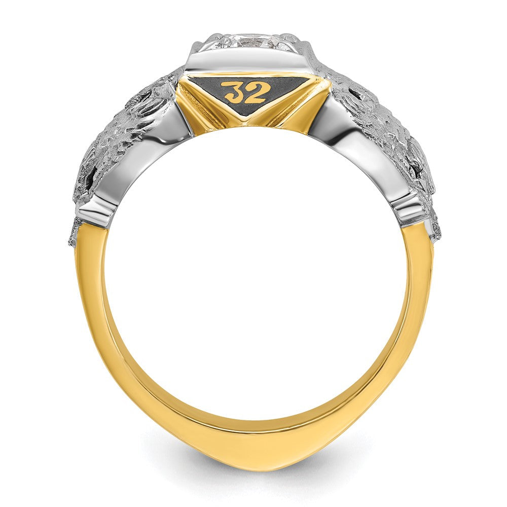 14K Bicolor-Gold Herren-Ring poliert und texturiert mit schwarzem Emaille und Diamant, 32. Grad Schottischer Ritus Freimaurer-Ring
