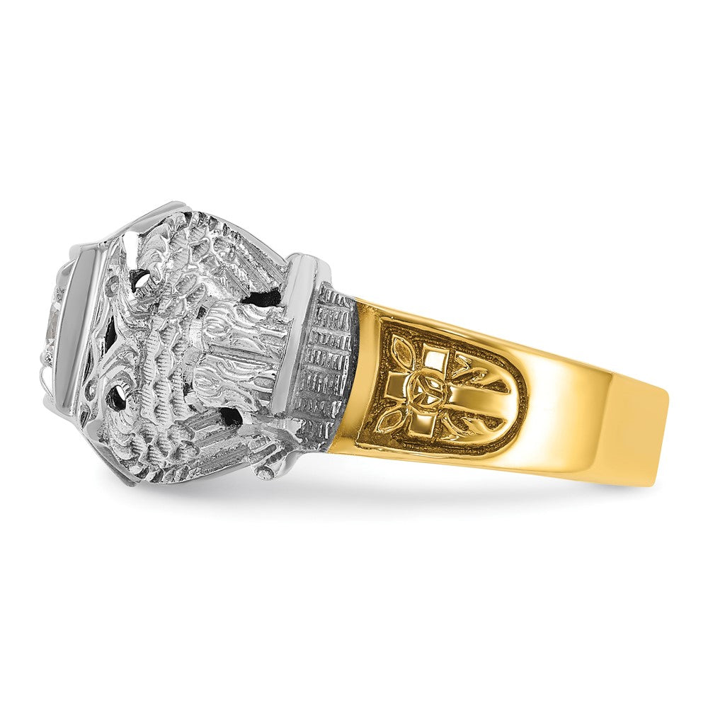 14K Bicolor-Gold Herren-Ring poliert und texturiert mit schwarzem Emaille und Diamant, 32. Grad Schottischer Ritus Freimaurer-Ring
