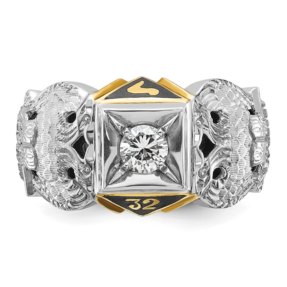 14K Bicolor-Gold Herren-Ring poliert und texturiert mit schwarzem Emaille und Diamant, 32. Grad Schottischer Ritus Freimaurer-Ring