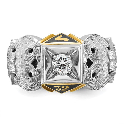 14K Bicolor-Gold Herren-Ring poliert und texturiert mit schwarzem Emaille und Diamant, 32. Grad Schottischer Ritus Freimaurer-Ring