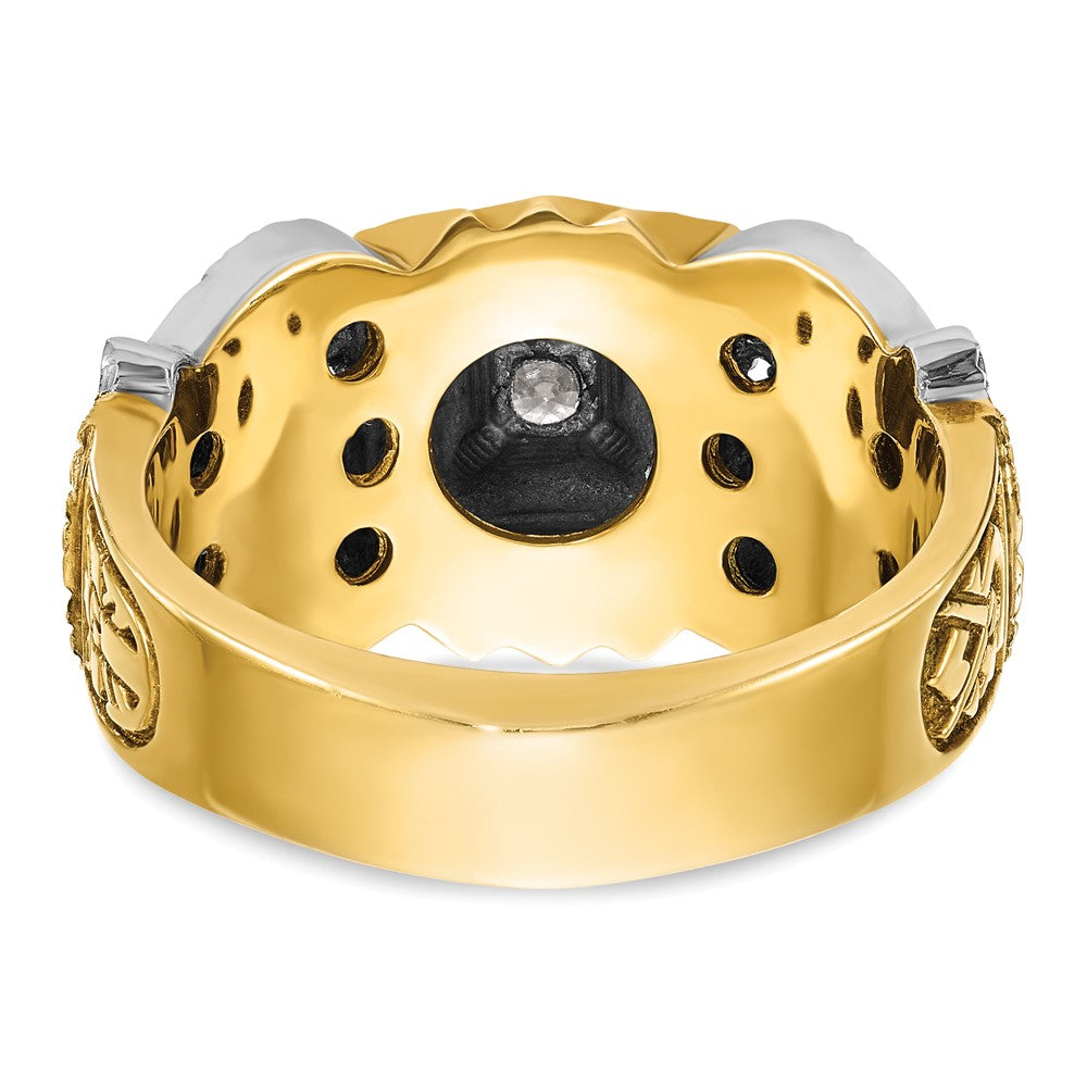 14K Bicolor-Gold Herren-Ring poliert und texturiert mit schwarzem Emaille und Diamant, 32. Grad Schottischer Ritus Freimaurer-Ring