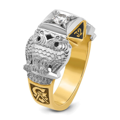 14K Bicolor-Gold Herren-Ring poliert und texturiert mit schwarzem Emaille und Diamant, 32. Grad Schottischer Ritus Freimaurer-Ring