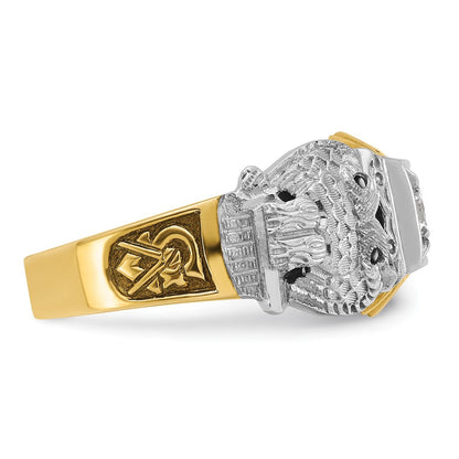 14K Bicolor-Gold Herren-Ring poliert und texturiert mit schwarzem Emaille und Diamant, 32. Grad Schottischer Ritus Freimaurer-Ring