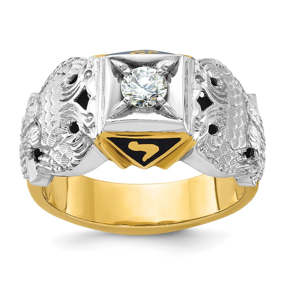 14K Bicolor-Gold Herren-Ring poliert und texturiert mit schwarzem Emaille und Diamant, 32. Grad Schottischer Ritus Freimaurer-Ring