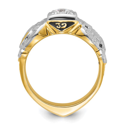 Herren-Siegelring aus 14K Bicolor-Gold, poliert und texturiert, mit mehrfarbigem Emaille, Diamant und Doppeladler-Freimaurer-Shriner-Motiv