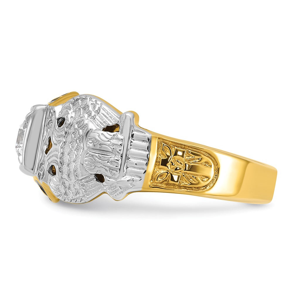 Herren-Siegelring aus 14K Bicolor-Gold, poliert und texturiert, mit mehrfarbigem Emaille, Diamant und Doppeladler-Freimaurer-Shriner-Motiv