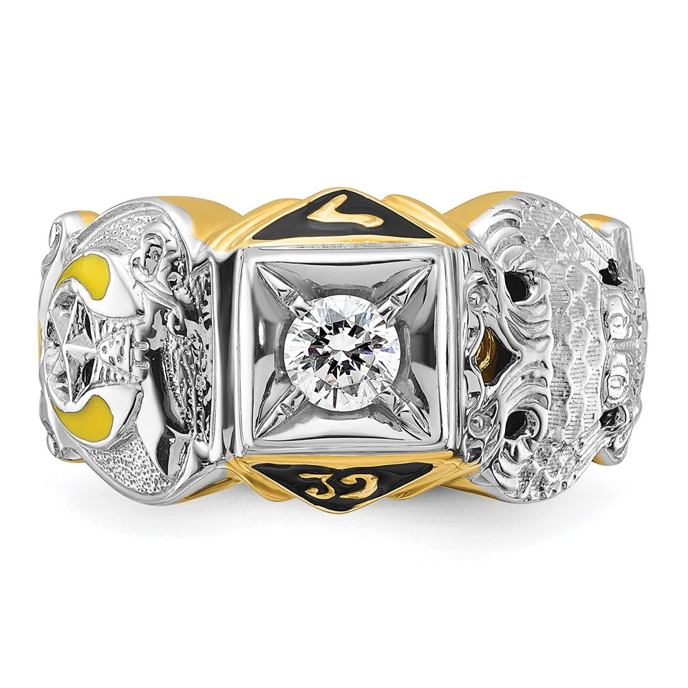Herren-Siegelring aus 14K Bicolor-Gold, poliert und texturiert, mit mehrfarbigem Emaille, Diamant und Doppeladler-Freimaurer-Shriner-Motiv