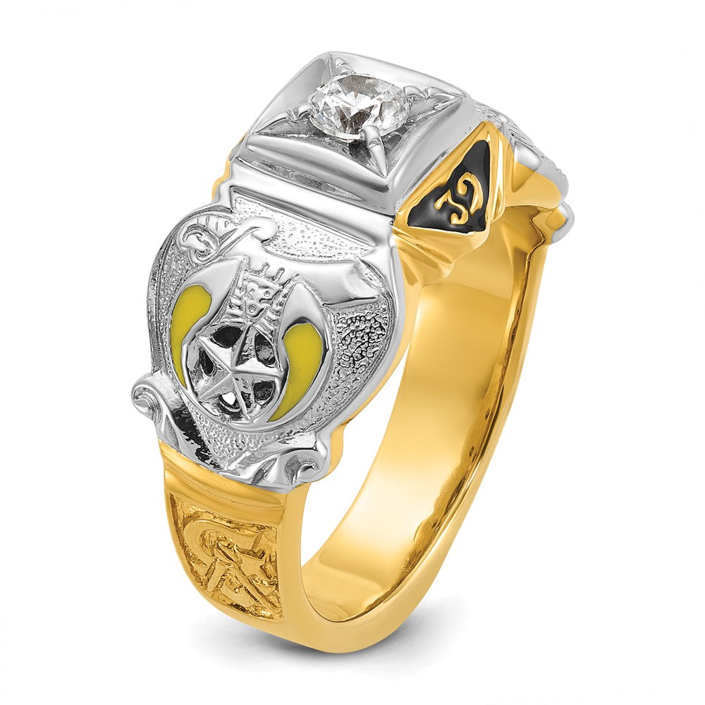 Herren-Siegelring aus 14K Bicolor-Gold, poliert und texturiert, mit mehrfarbigem Emaille, Diamant und Doppeladler-Freimaurer-Shriner-Motiv