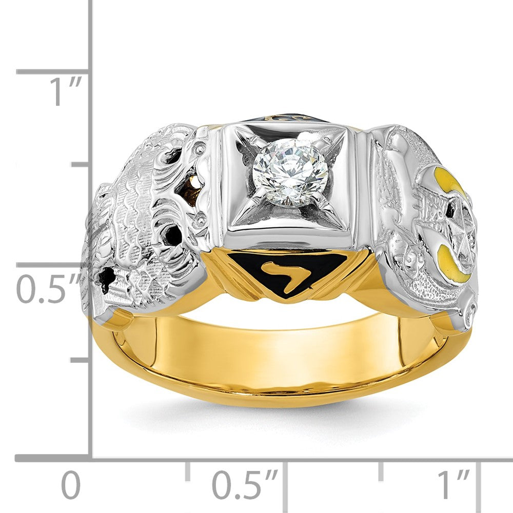 Herren-Siegelring aus 14K Bicolor-Gold, poliert und texturiert, mit mehrfarbigem Emaille, Diamant und Doppeladler-Freimaurer-Shriner-Motiv